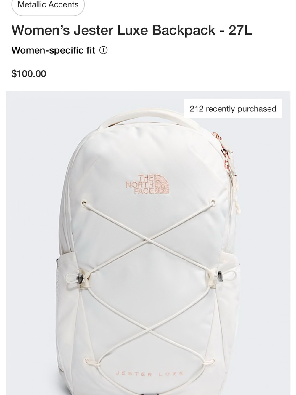 The North Face Women’s Jester Luxe Backpack in Cream with Rose Gold Accents